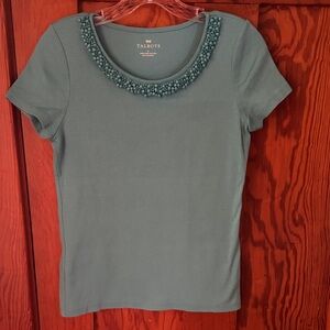 Talbots Turquoise Beaded Neckline Short Sleeve Top